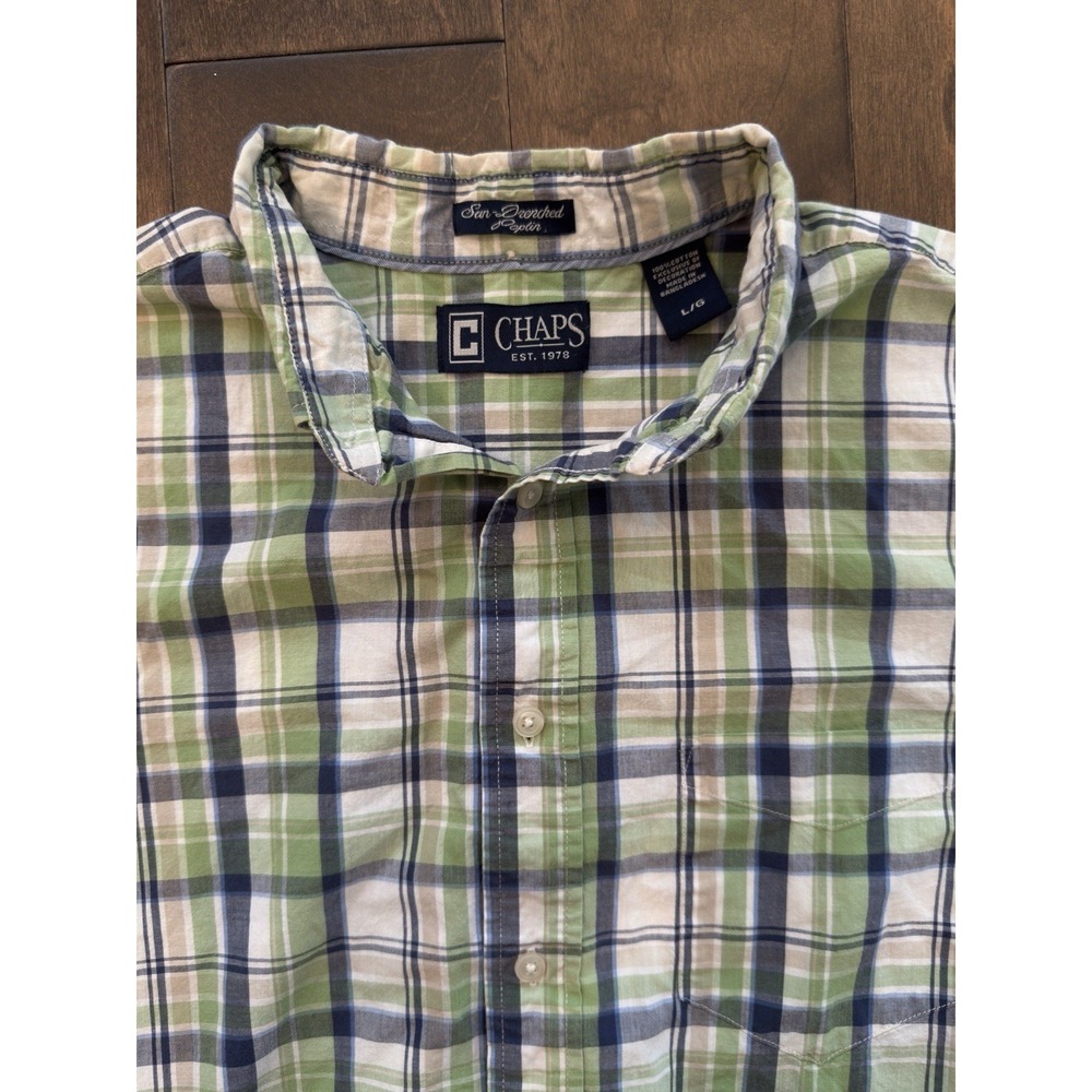 Chaps Sun Drenched Poplin Size Large Short Sleeve Green Cotton Plaid Pocket‎
